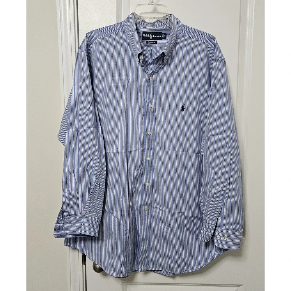 Ralph Lauren Button Down Mens 18 34/35 Blue Striped Classic Fit Cotton Shirt